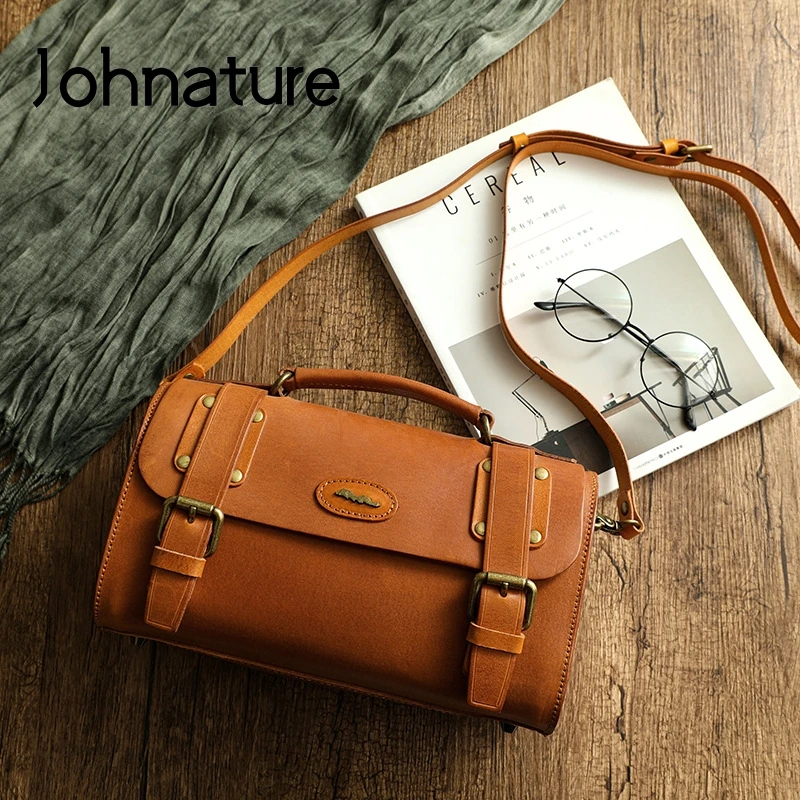 

Johnature Genuine Leather Retro Women Bag 2021 New Nature Cowhide Luxury Handbag Leisure Large Capacity Shoulder Messenger Bags