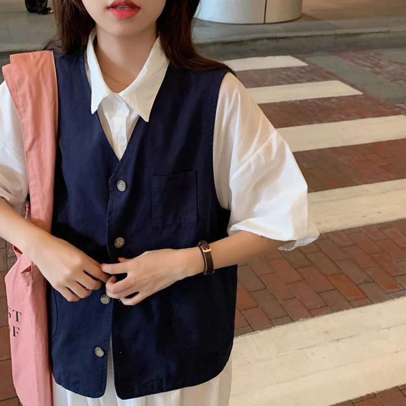 

Vests Women Autumn Solid Simple All-match Harajuku Plus Size Retro Loose Korean Style Womens Waistcoats Trendy Street Clothes