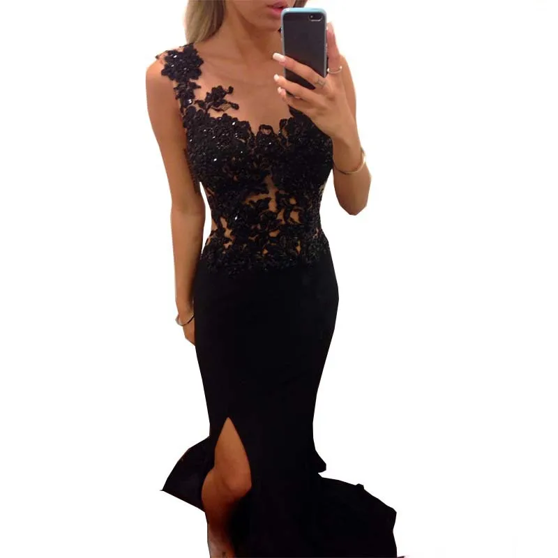 

sexy High Side slit Special Occassion 2018 Sleeveless Black lace Prom gown Vestido de Festa Free Shipping bridesmaid dresses