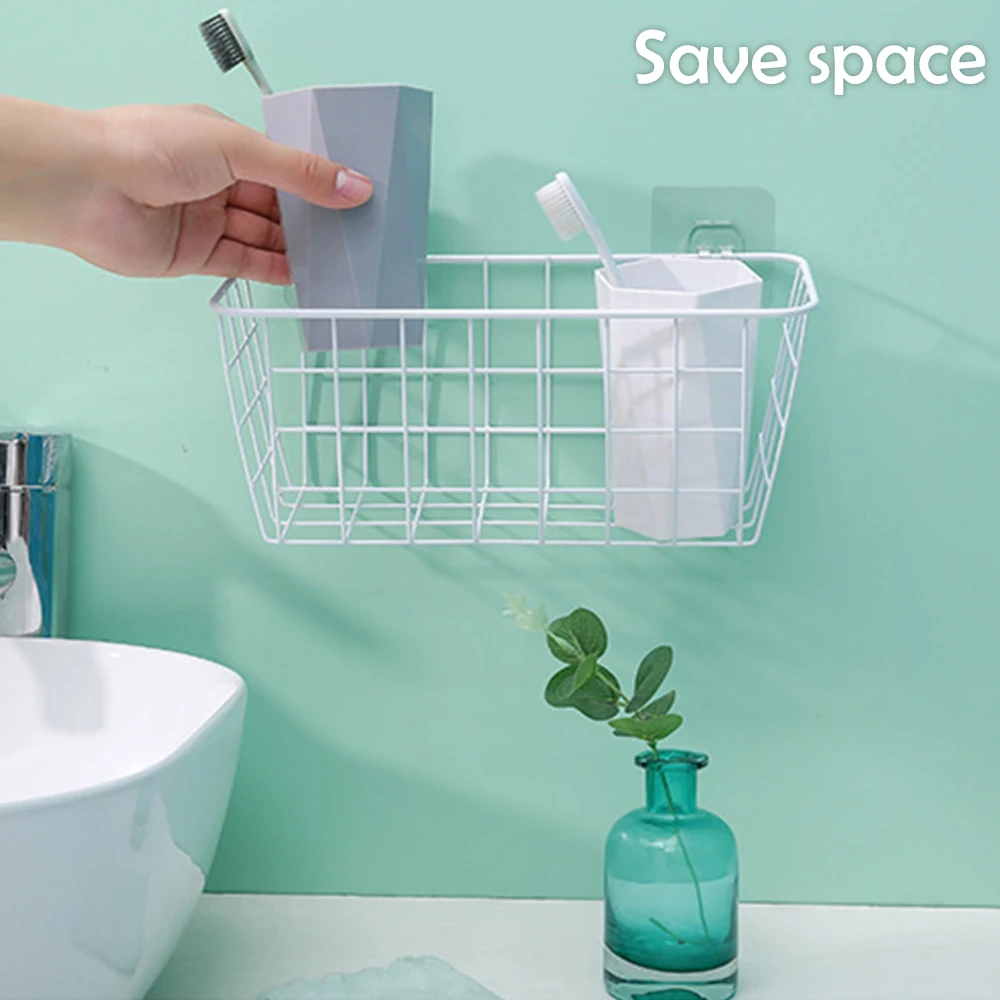

Iron Kitchen Grid Hanging Basket Wall Organizer Rack Household Desktop Storage Basket Bathroom Sundries Storage Box +Suction Cup