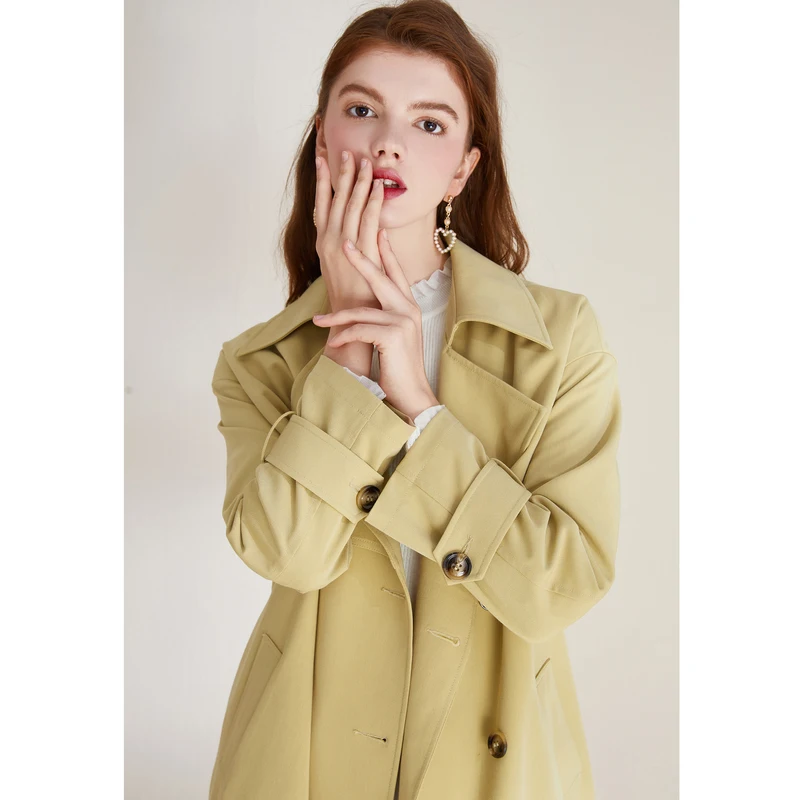 

Fall in Love with Blue New Yellow Lapel Double Breasted Classic Mid Length Lace Up Windbreaker