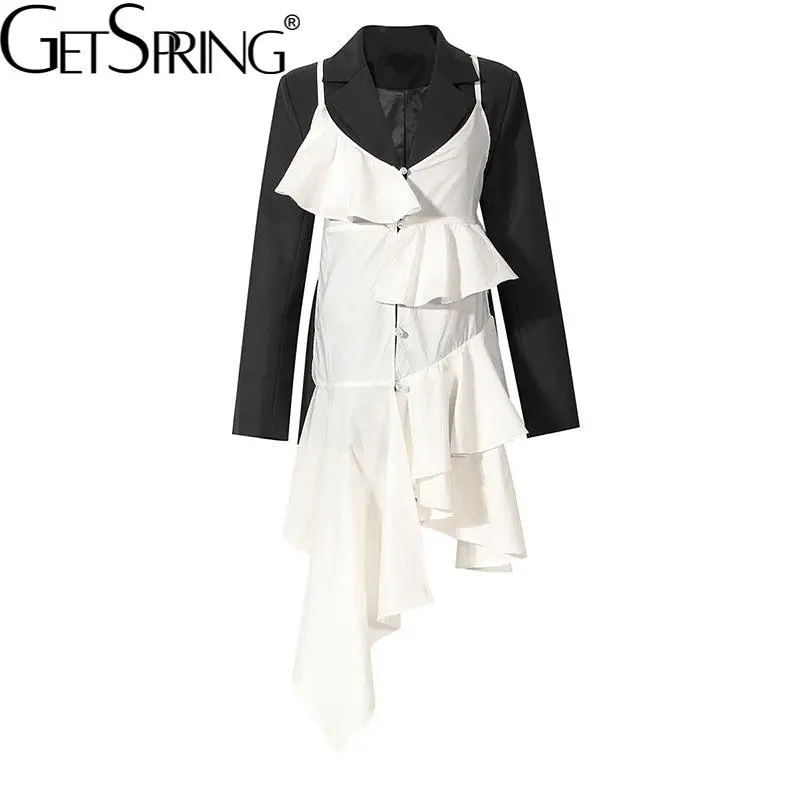 

Getspring Women Blazer Patchwork Fake Two Asymmetry Blazers And Jackets Irregular Casual Black White Color Matching Suit Coat