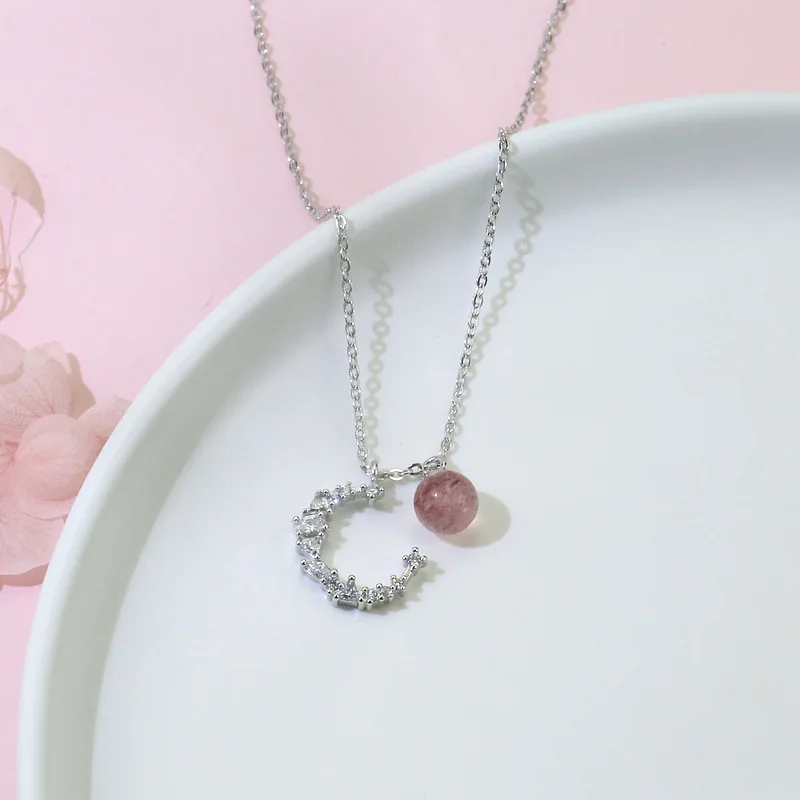 

BU-198 Moon Strawberry Crystal Necklace Female Sterling Silver Recruitment Peach Blossom Fresh Forest Ins Light Luxury