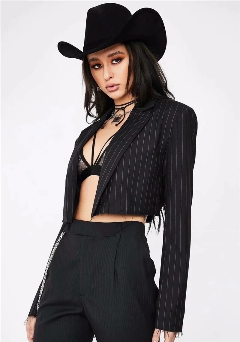 Sexy Slim Short Blazer Striped Suit Women Chic Punk Gothic Casual High Street Blazer Fashion Design Streetwear Cool Girl Clothes