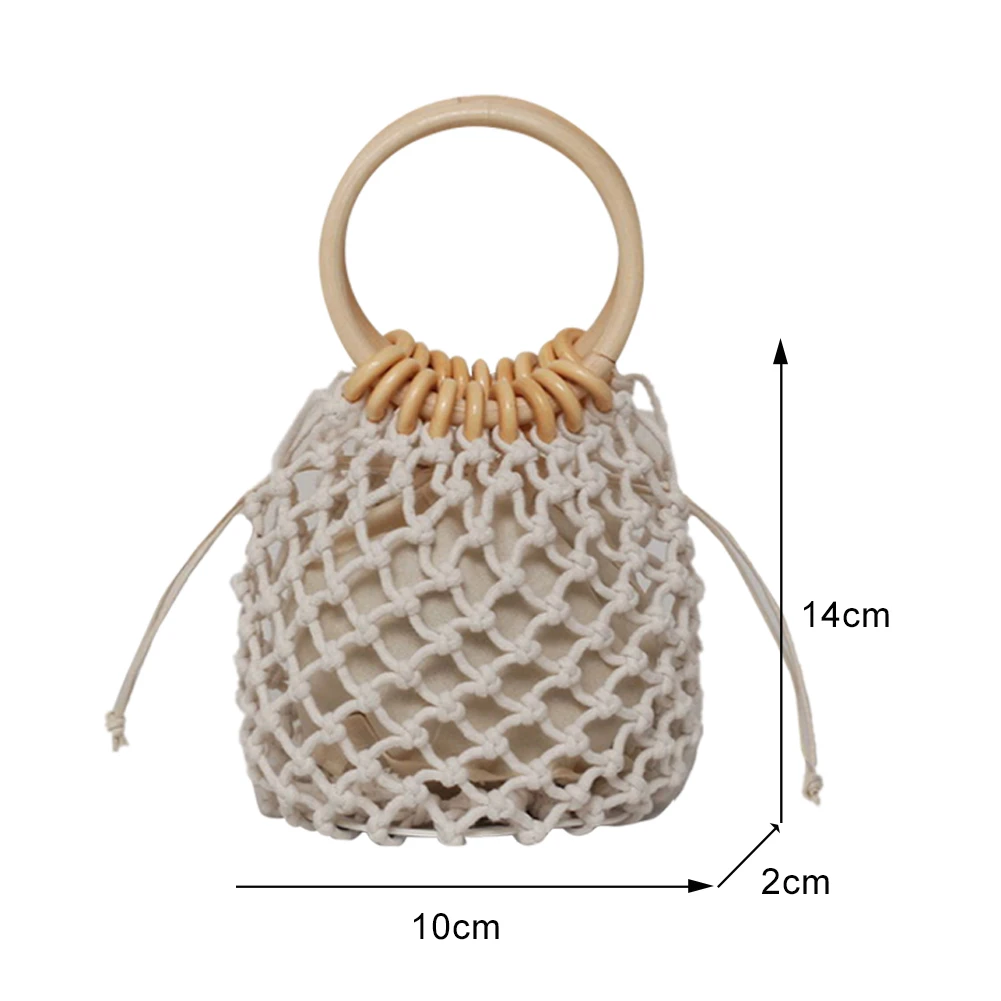 

Portable Straw bag women's cotton rope knitting ring Mini Handbag Bucket Bag Fashion Women Solid Color Woven Hollow Out Bag