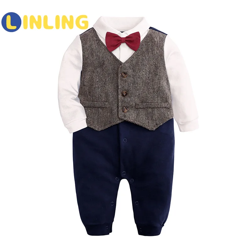 

LINLING Classic Baby Boy Bodysuit Children's Wear Jumpsuit Baby Tie Shirt Gentleman Knitted Cotton Baby 1 Piece Creeper P594