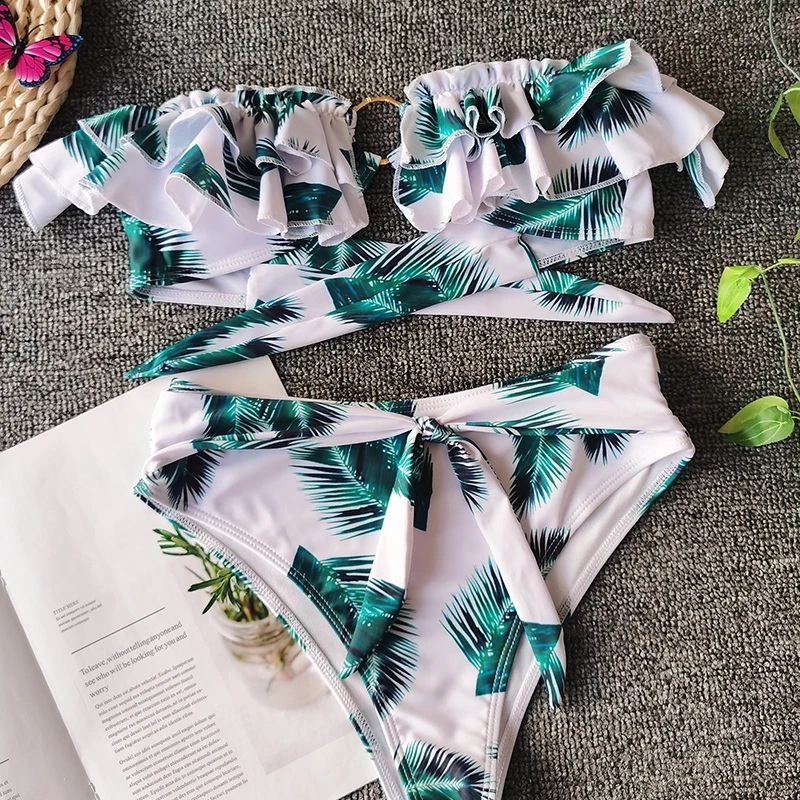 Женское бикини с цветочным принтом купальник рюшами металлическое кольцами