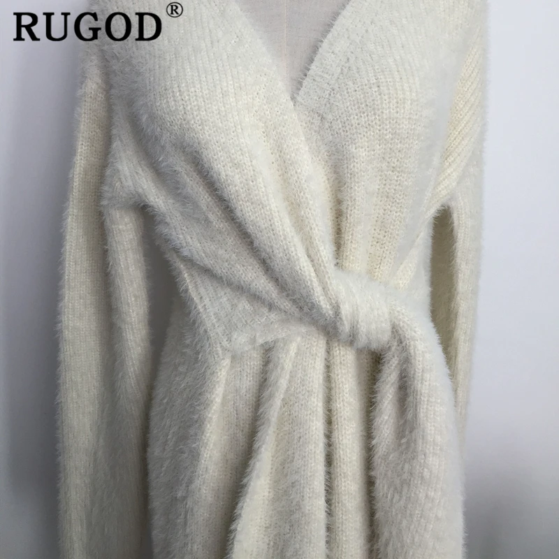 RUGOD Новое корейское кашемировое платье-свитер с поясом женское модное офисное вязаное платье с v-образным вырезом зимнее теплое плотное платье