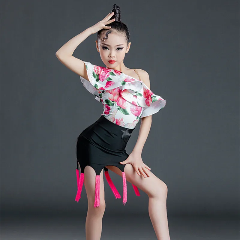 

Leaf Sleeve Latin Dance Dress Suit Girls Fringed Dress Slit Suit Child Latin Dance Dresses Kids Practice dance Clothes