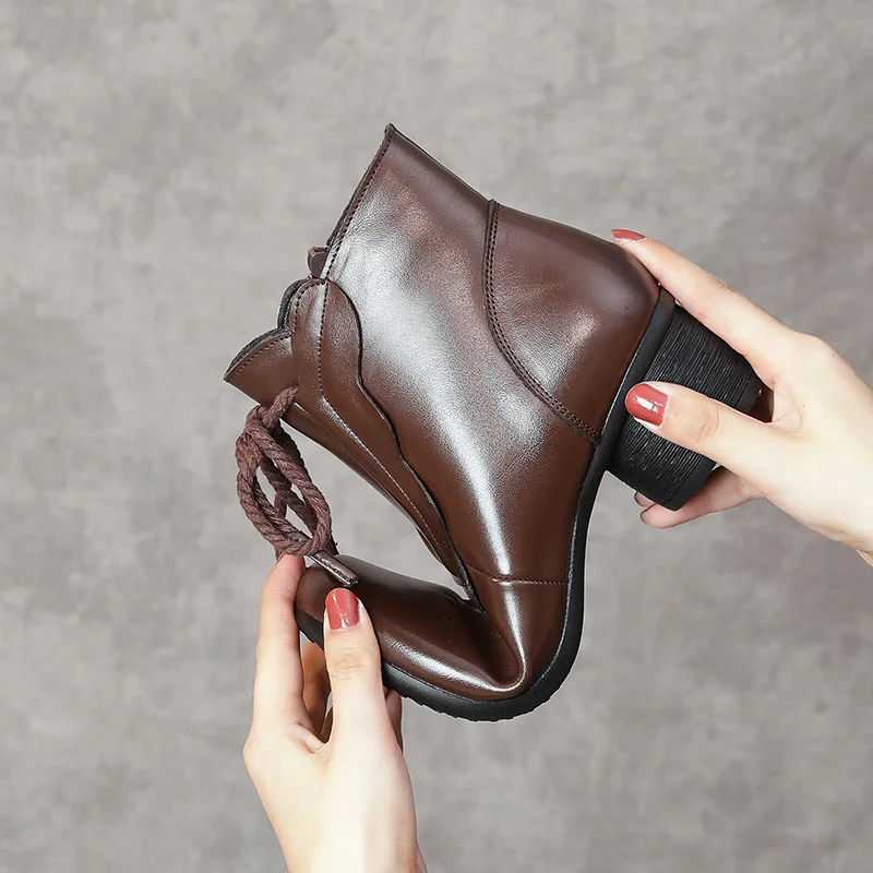 

GKTINOO Winter 2020 New Vintage Short Boots Genuine Leather Shoes Comfortable Thick Heel Women's Boots High Heels Ankle Boots