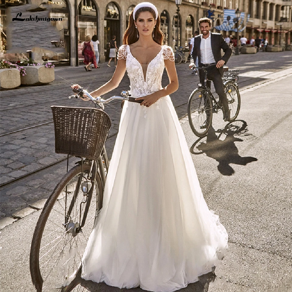 Lakshmigown Chic Bohemian Bridal Dress Open Back Beach Summer Wedding Beading Short Sleeves 2020 Vestidos Boda Cenicienta | Свадьбы и
