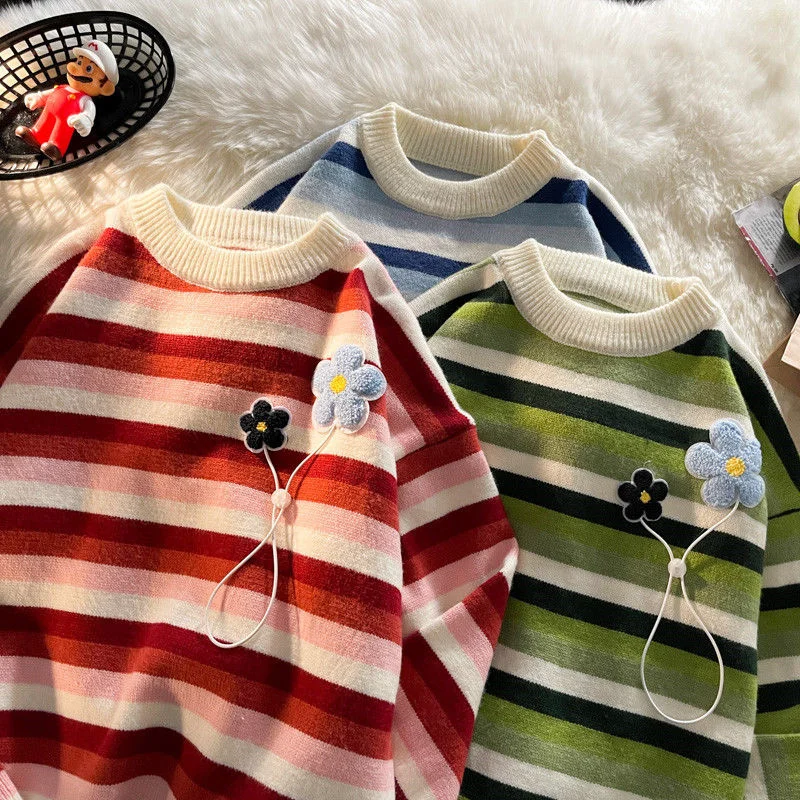 

O-neck Jacquard Sweater Striped Contrast Printed Knitted Pullover Autumn Winter Men's Clothing Trend Warm Loose Long Sleeve Tops