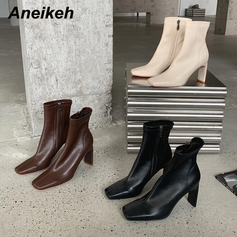 

Aneikeh 2022 весна ПУ Модные Прошитые женские ботинки на квадратном каблуке с острым носком Лоскутные однотонные новые ботильоны с боковой молни...