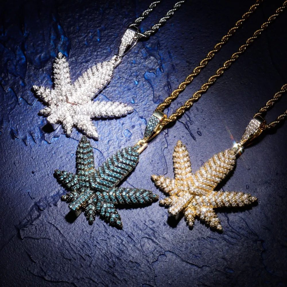 

Tree Leaf Necklace For Women Men Small Weed Herb Maple Leaf Pendants Necklaces Plant Cubic Zircon Hip Hop Jewelry