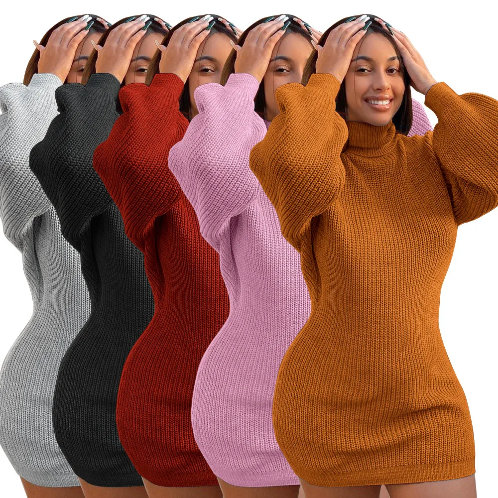 

Woman Dress 2021 Spring Casual Long Sleeve Knitted Turtleneck Sweater Dress Women Vintage Sexy Loose Solid Mini Party Dresses