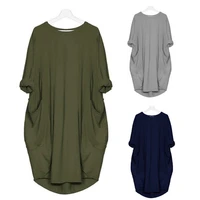 women casual solid color o neck long sleeve pockets knee length baggy dress
