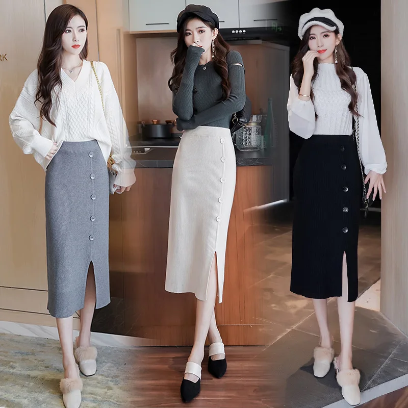 

Женская длинная юбка-свитер Sutimine 2020, зимняя однотонная привлекательная облегающая вязаная эластичная Женская юбка с высокой талией и разре...