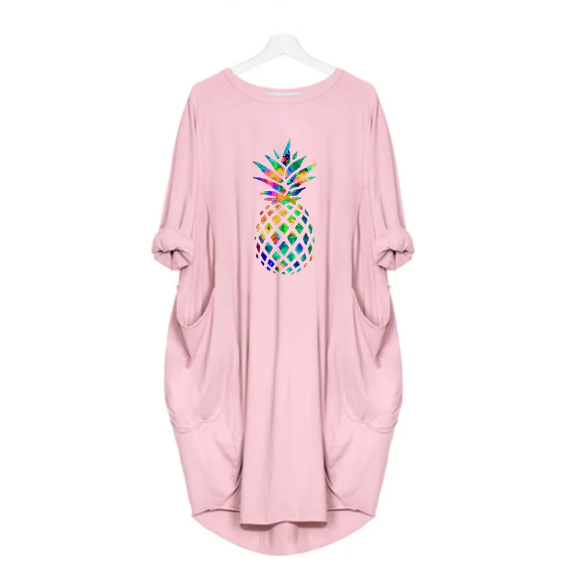 

New Women Dress Cartoon Pineapple Print Women Clothing Long Sleeve O-neck Womenswear Casual Loose Female Dress