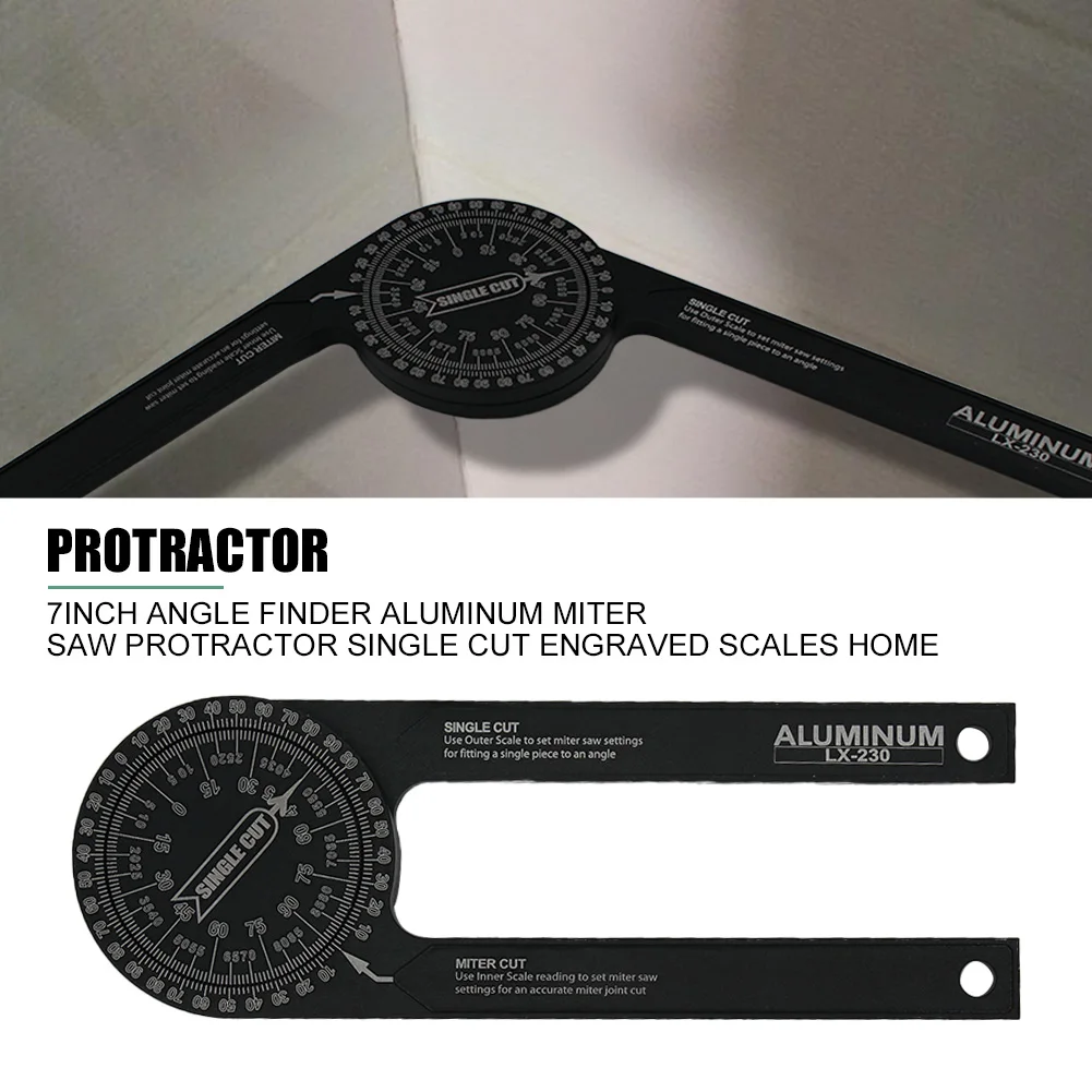 7inch Woodworking Aluminum Miter Saw Protractor Portable Home Easy Read Single Cut Black Rust Proof Angle Finder Engraved Scales |