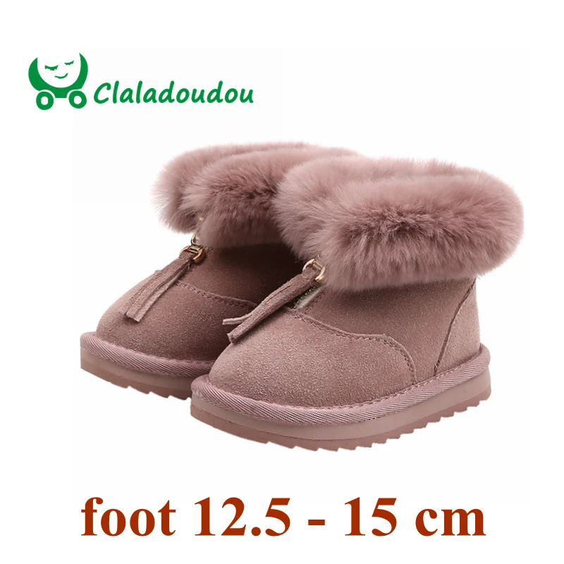 Claladoudou 11,5-15,5 см; брендовые Детские зимние ботинки; теплые плюшевые ботинки с бахромой для девочек; детская обувь; ботинки из натуральной кожи на молнии для малышей