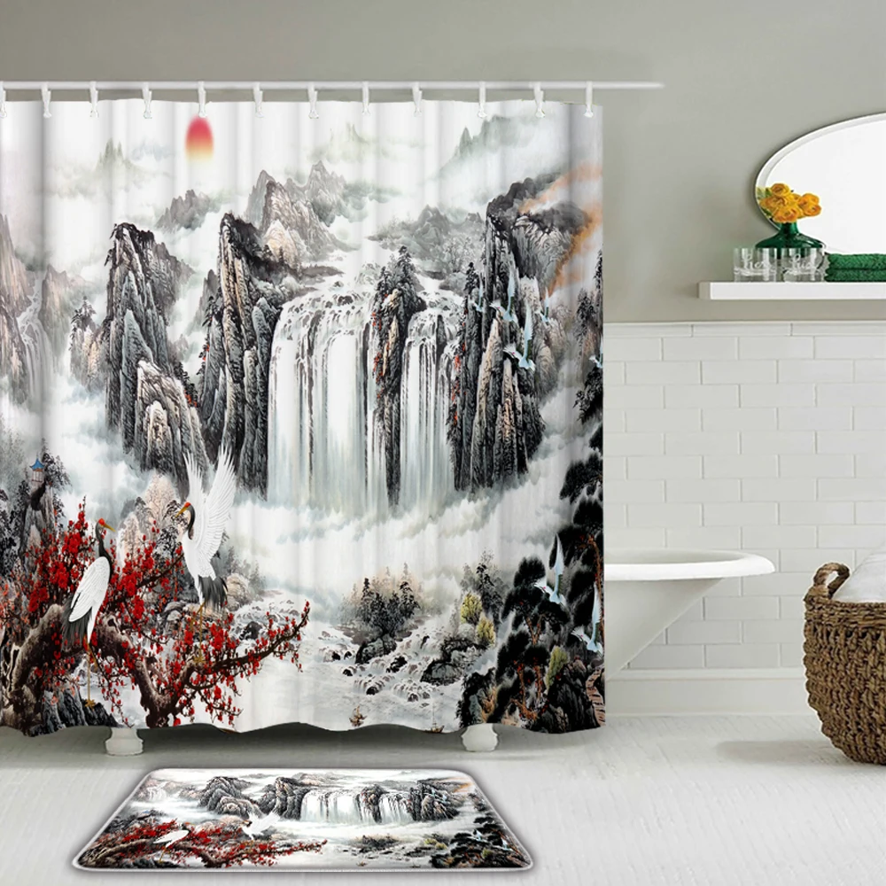 

Китайская чернильная 3d-занавеска для душа с рисунком пейзажа, тканевая Водонепроницаемая занавеска для ванной комнаты, набор s с крючками, н...