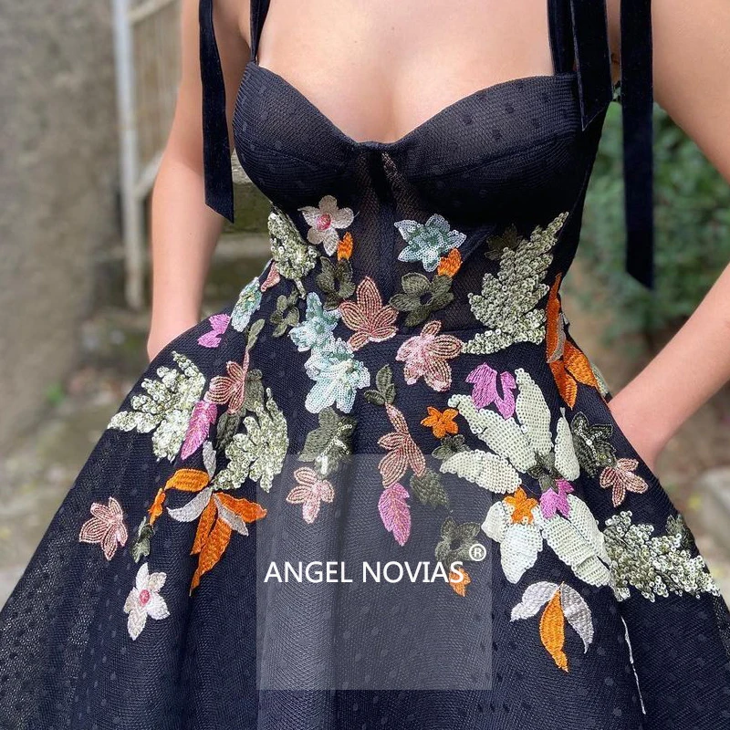 

ANGEL NOVIAS Long Black Evening Dresses 2021 with Appliques Moroccan Kaftan Formal Prom Party Gown