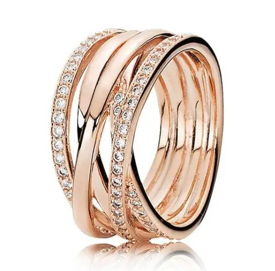 

925 Sterling Silver Pan Ring Rose Gold Open Work Eternity Entwined Crystal Rings For Women Wedding Party Gift Fine Jewelry
