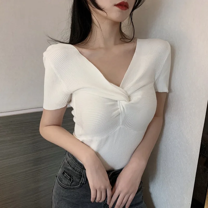 

New Vintage Sweater Woman Solid Color V-neck Cross Sexy Short-sleeved Woman Sweater