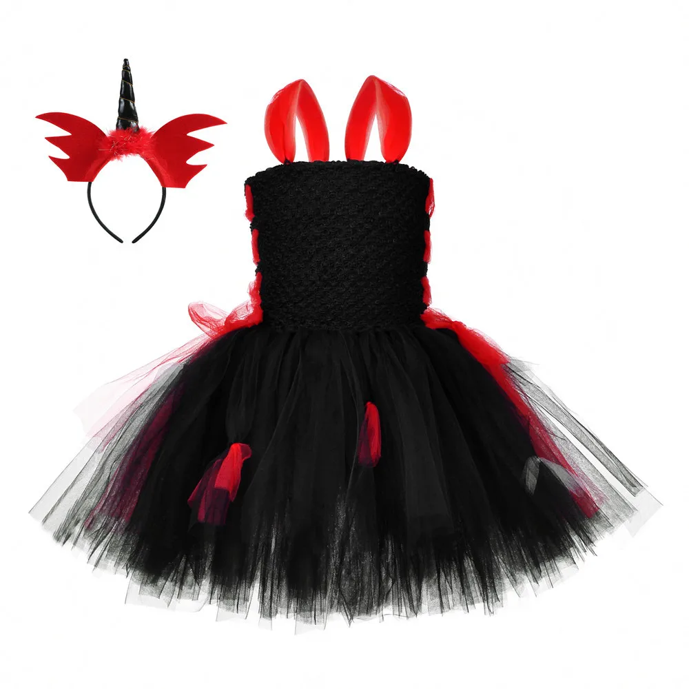 

New Girls Vampire Costumes Fantasy Party Tutu Dress Costume Halloween Carnival Party Dress Red Headwear Black Kids Tulle Dresses