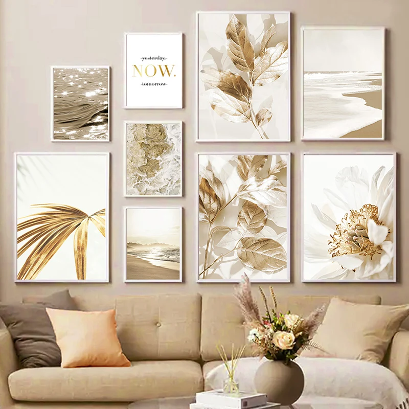 

Golden Flower Leaf Seaside Scenery Canvas Painting Art Nordic Posters and Prints Wall Pictures for Living Room Decor Frameless