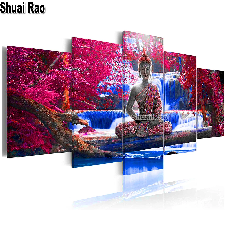 5 шт. алмазная живопись красное дерево Будда Синий водопад пейзаж полная