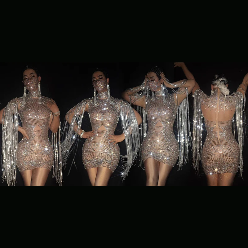 Блестящее серебристое мини платье стразы с блестками и кисточками сексуальная