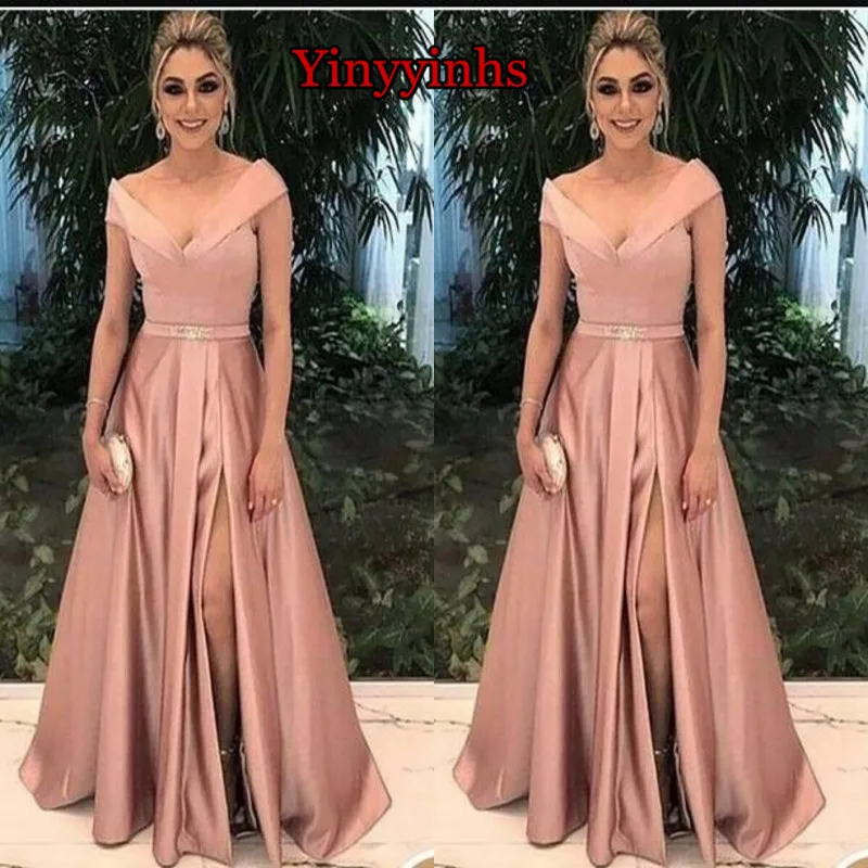 

Yinyyinhs Women's V Neck Evening Party Dresses A-Line Long Satin Wedding Guests Dresses High Slit Prom Formal Wear