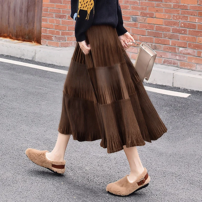 

Fashion Velvet Skirt Women Autumn Winter Elastic High Waist Pleated Long Skirts Elegant Midi Skirts falda mujer