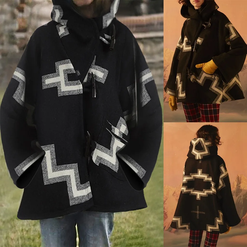 

2020 Fashion Women Casual Claw Coats Horn Buckle Retro Print Long Sleeve Hooded Jacket Pocket Warm and Comfortable A40