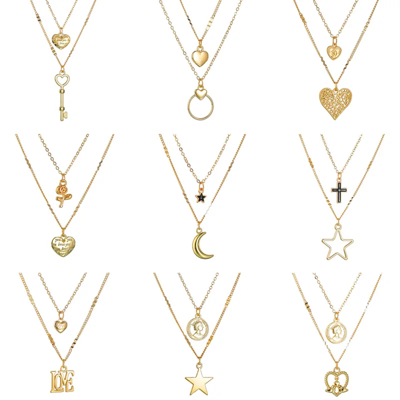 

Luokey Fashion Layers Women Necklace Gold Color Moon Heart Star Key Pendants Necklaces Female Party Choker Collares Boho Jewelry