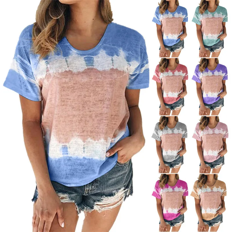 

2020 Summer Women's short sleeve T-Shirt printed dyeing loose round neck Top for women plus size gym fitness running shirt