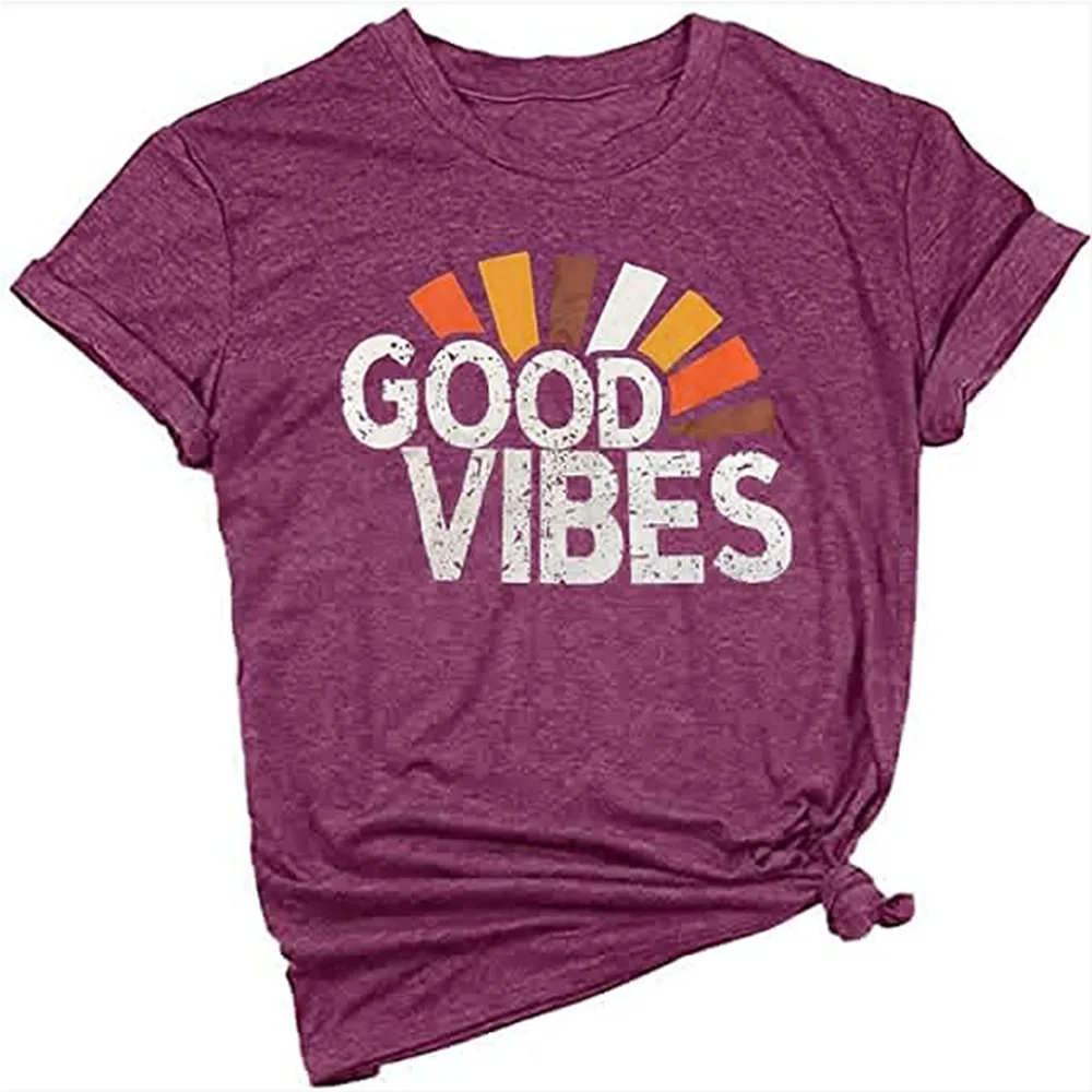 

GOOD VIBES Tees Women Rainbow Print Graphic T Shirts Streetwear 2020 Woman Clothes Casual Letter Plus Size Tops