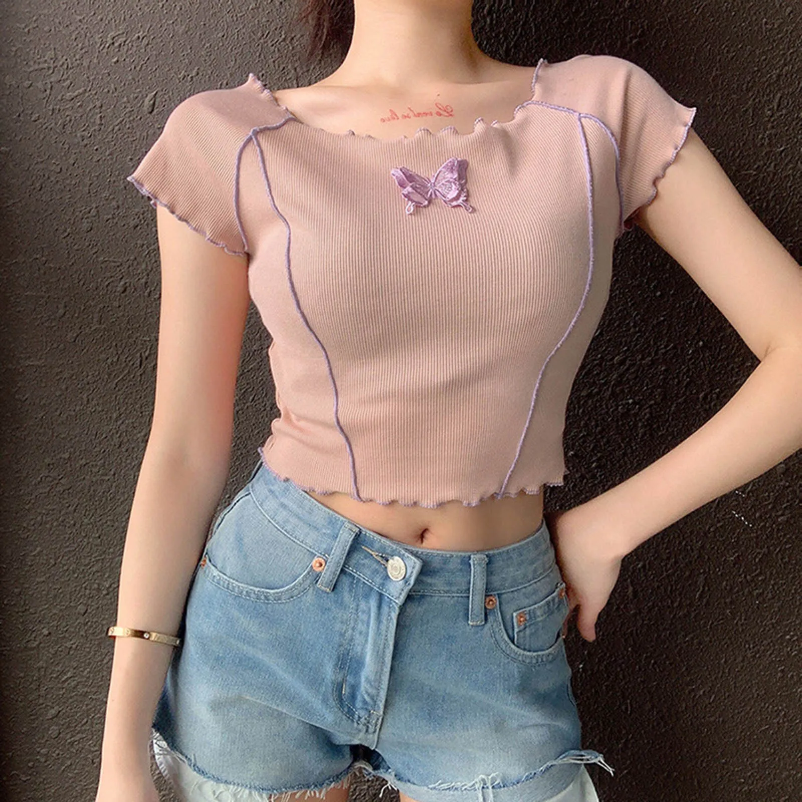 

Pink Embroidery Butterfly Ribbed Crop Top Women E Girl Off Shoulder T-Shirts Y2k Grunge Fairy Aesthetic Clothes Short Sleeve Tee