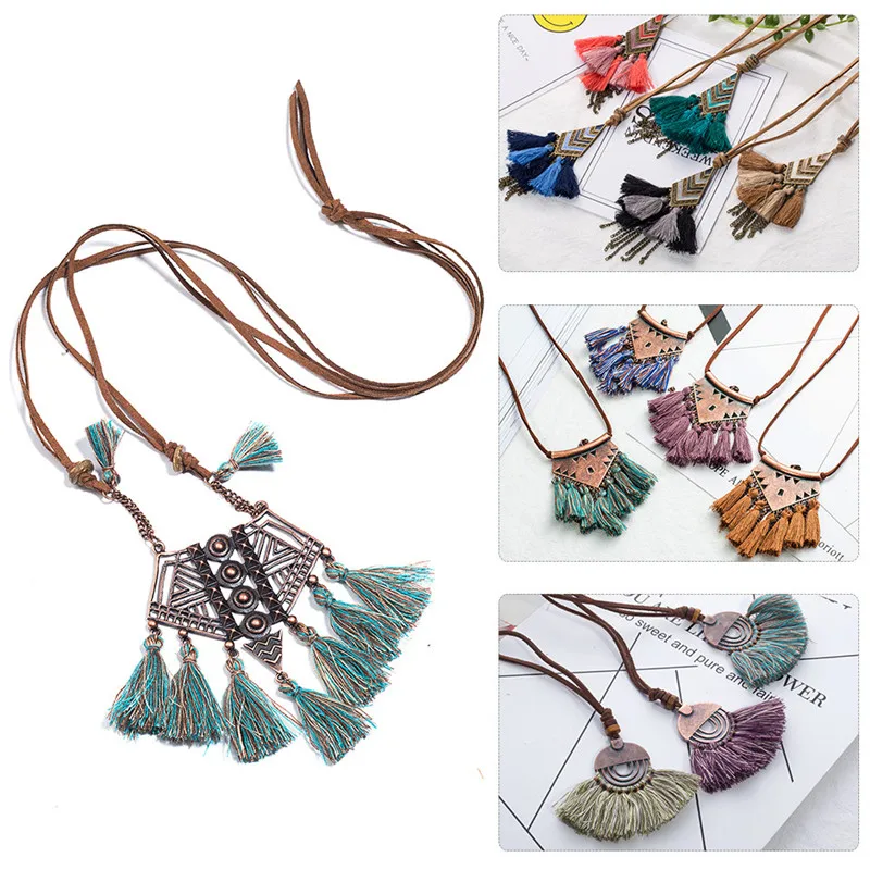 Женское длинное ожерелье с кисточкой винтажное из воловьей кожи на зимний свитер