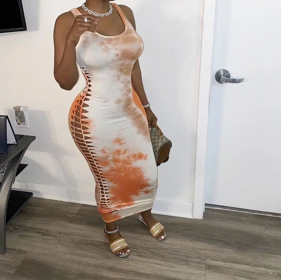 

Echoine Tie Dye Print Sexy Hollow Out Long Dress Maxi Dresses Sleeveless Vintge Vestidos Beach Party Club Outfis Sundress