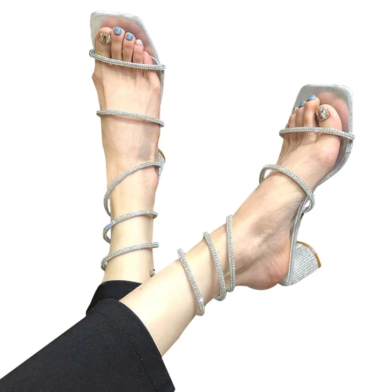 

Women Square Toe Heeled Sandals Cross Rhinestone Ankle Strap Slippers H9ED