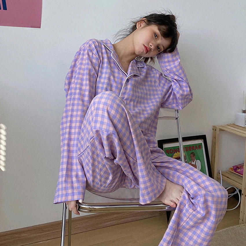 

Winter Long Sleeve Leisure Sleepwear for Women Korean Purple Grid Girls Pajamas Loose Nightwear Homewear Suit Pajamas Set Cute