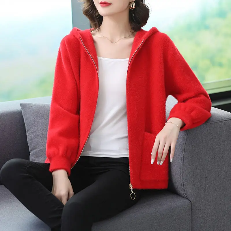 

2020 Women Spring and Autumn Women Fashion Faux Mink Coats,Leisure Hooded Zipper Jackets Female Loose Solid New Korean Coat A130
