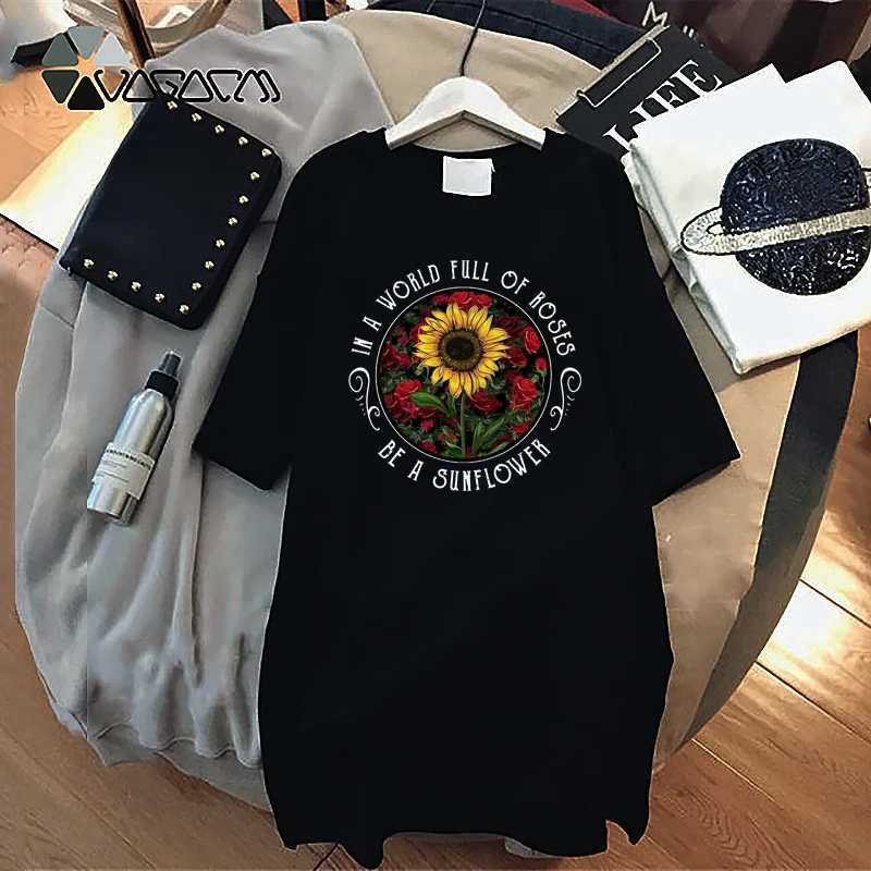 

Veatidos Summer Women Big Size Dress Rose Sunflower Print Casual Loose Harajuku Dresses Short Sleeve Party Mini Tshirt Dress