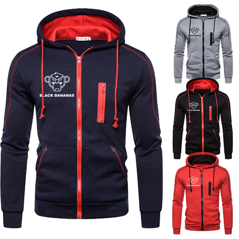 

Autumn Mens Fashion Black Zipper Hoodies Streetwear Coat Casual Sports Hooded Sweatshirts Bananas Printed Male Harajuku Moletom