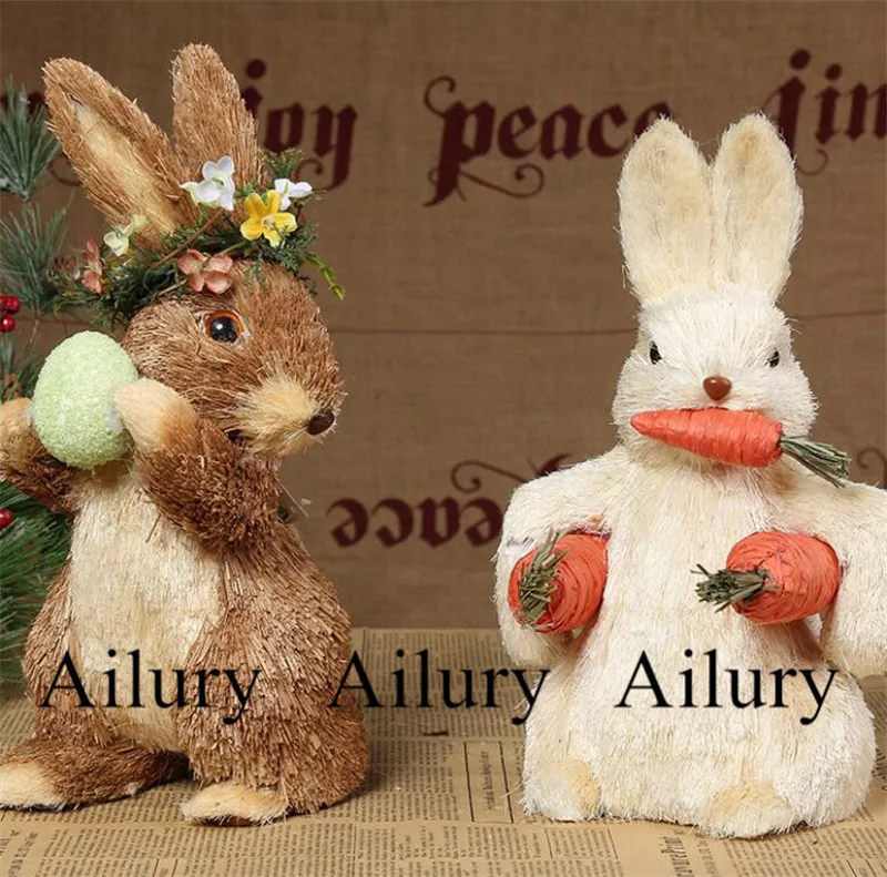 

Easter straw woven cute rabbit ornaments, twisted standing rabbits, standing ears eating carrot rabbits