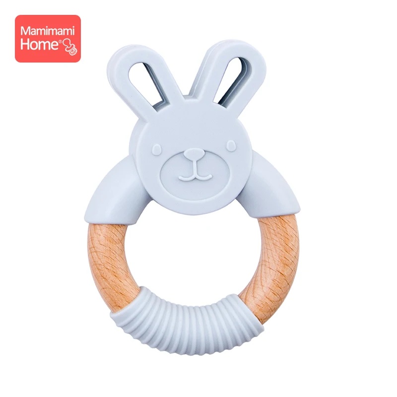 gray Rabbit Ring Mamihome Baby Wooden Teether Animal Ring Silicone Rodent Beech Wooden Blank Rabbit Ears baby products Toys Pacifier Pendant Gift - Цвет: gray Rabbit Ring