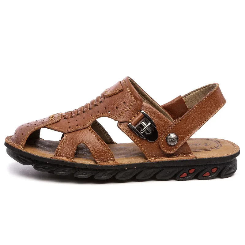Летние мужские пляжные шлепанцы из натуральной кожи повседневные сандалии с
