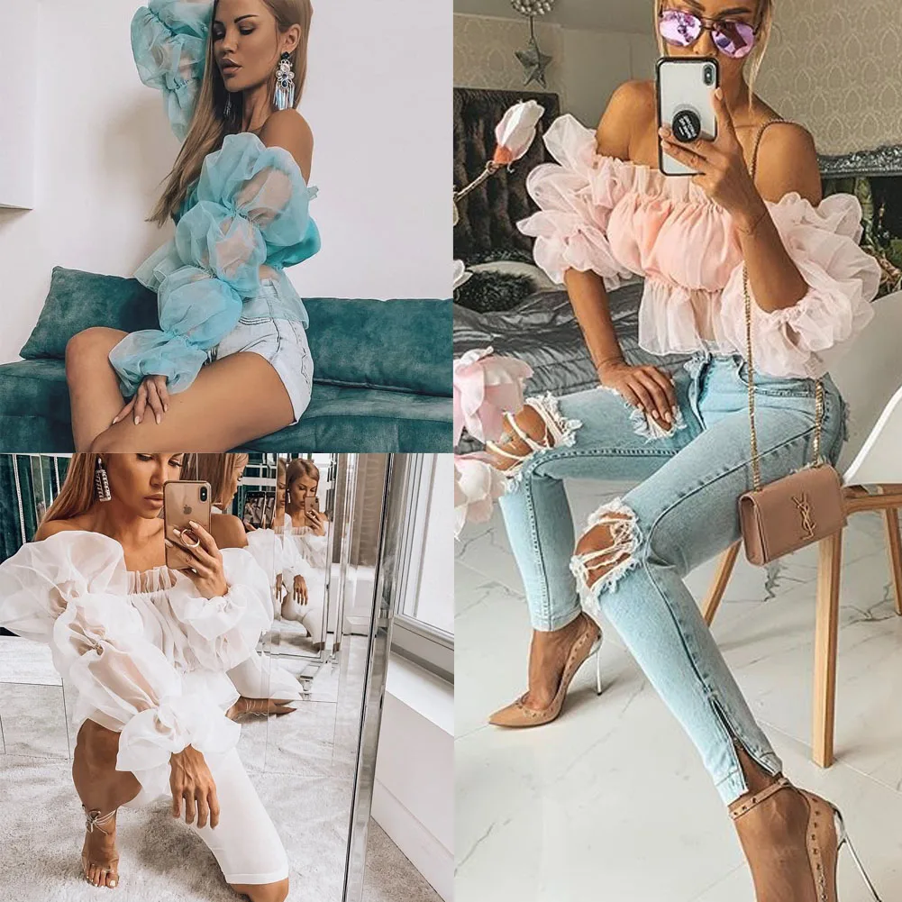 Summer New Women Sexy Off Shoulder Ruffles Organza Blouses Long Puff Sleeve Mesh Sheer Crop Tops Shirt Short Blouse | Женская одежда